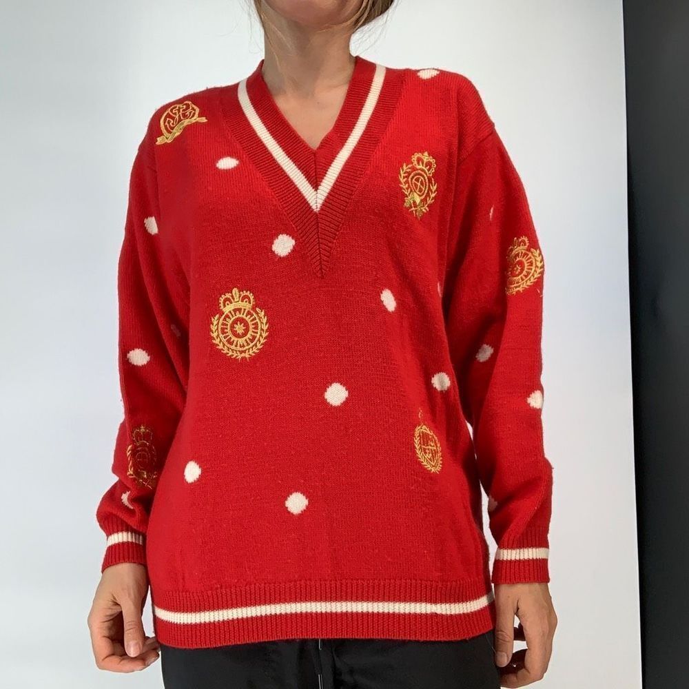 Vintage JH COLLECTIBLES red polka dot 100% wool sweater sz L